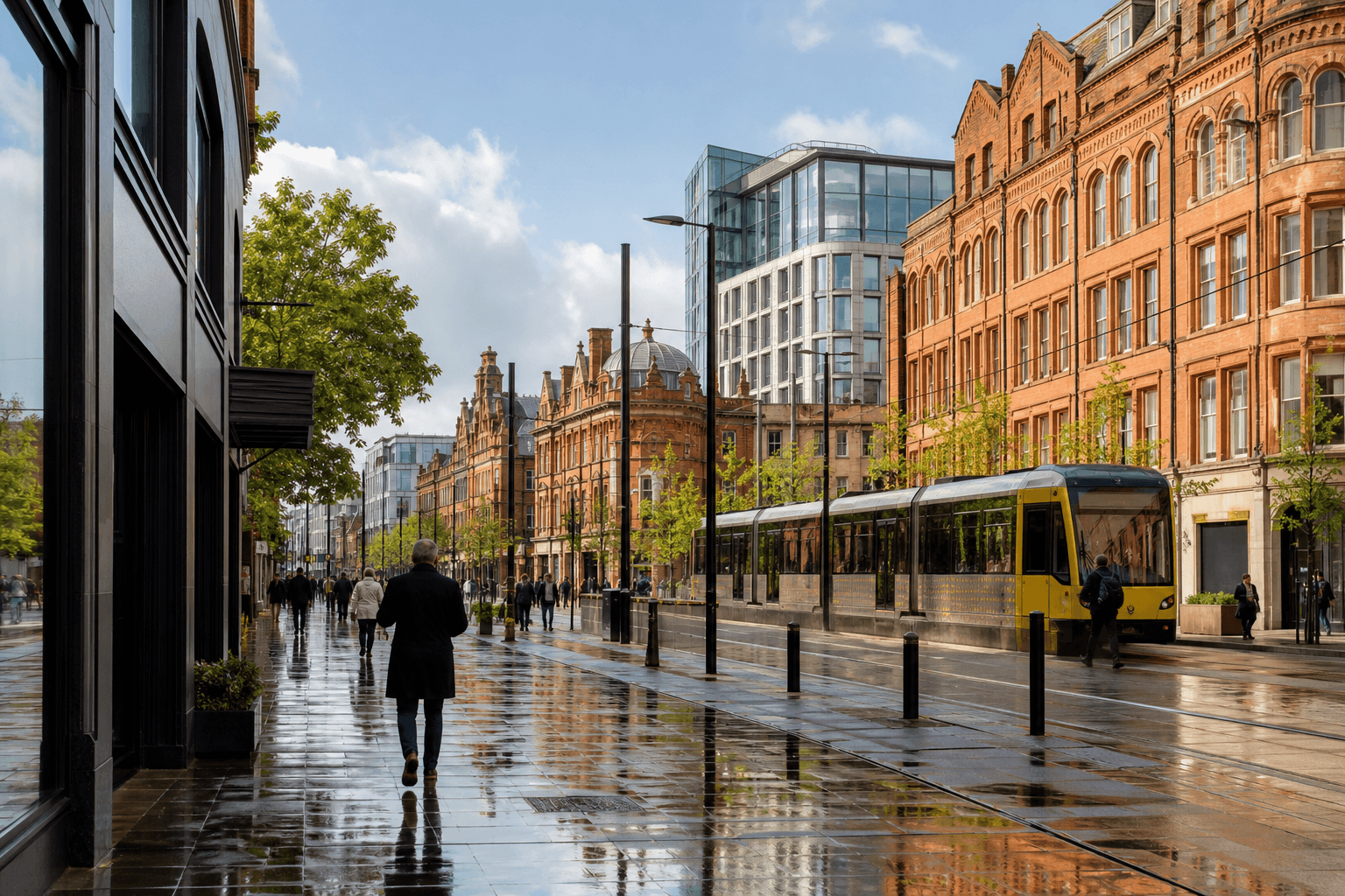 A workday street scene in central Manchester